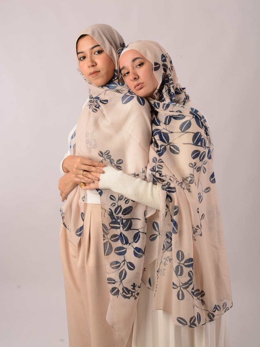 Scarf Cotton Beige With Patterns Blue