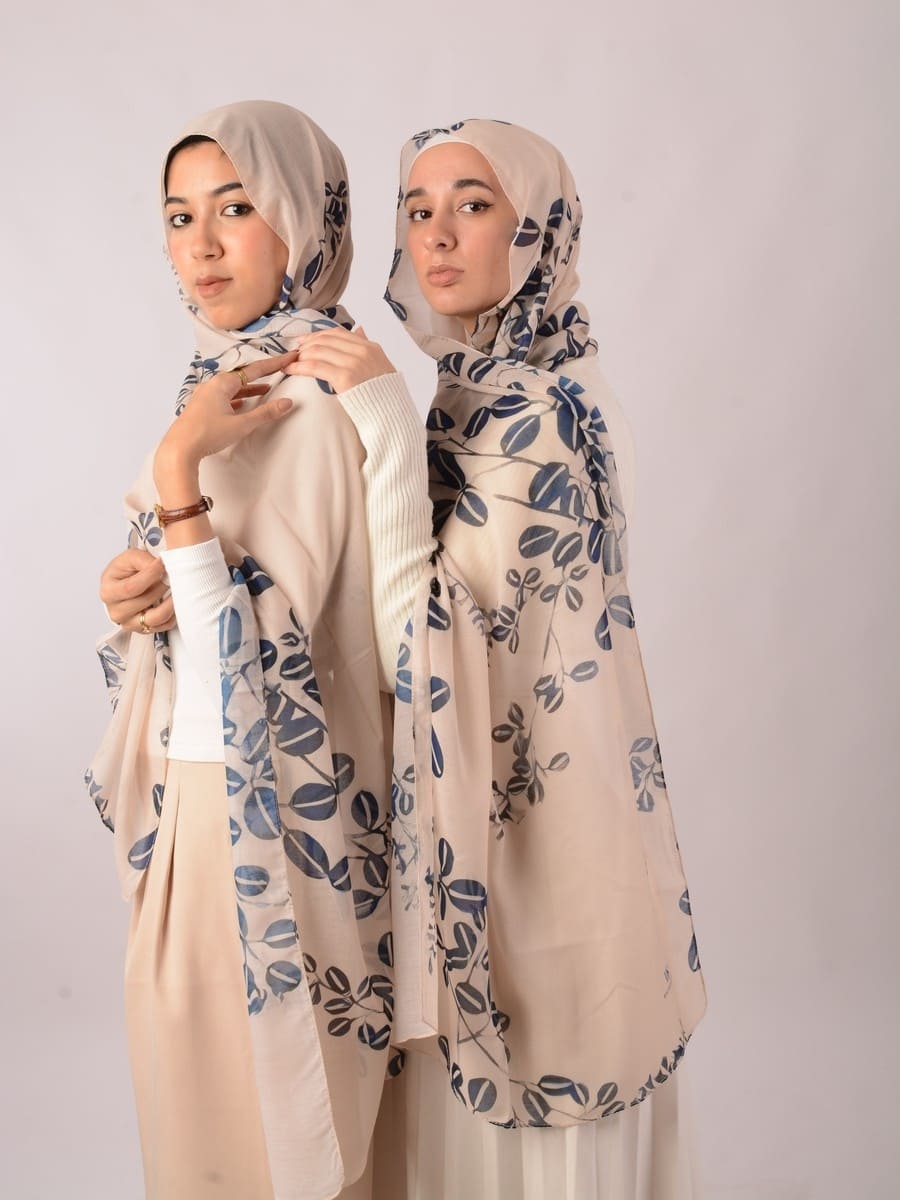 Scarf Cotton Beige With Patterns Blue